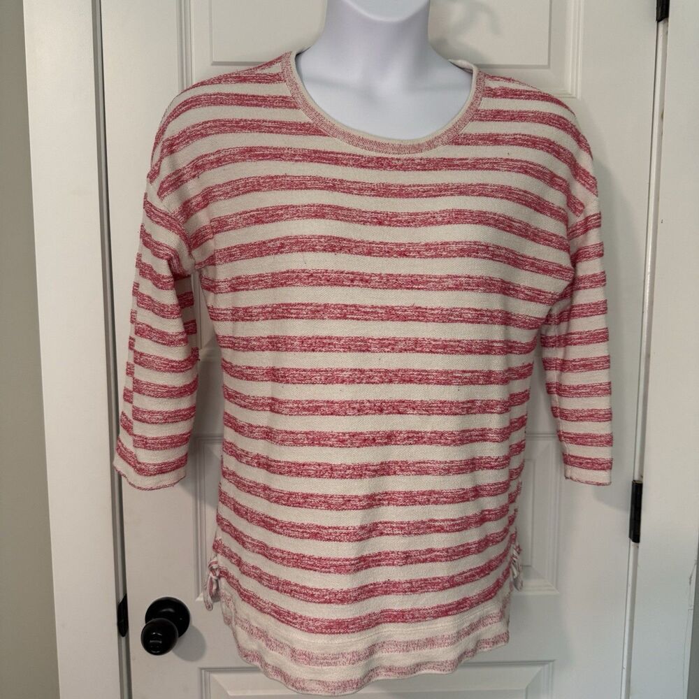 T  by Talbots Womens 3/4 Sleeve Tunic Top Textured Knit Pink White Striped Sz LG